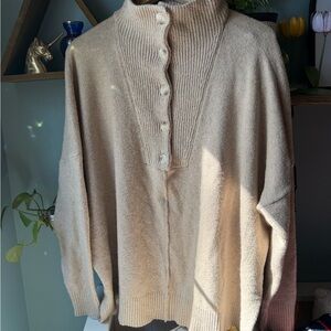 LOFT Soft Cream Ribbed Button-Neck Sweater, Size Large, Cozy Neutral